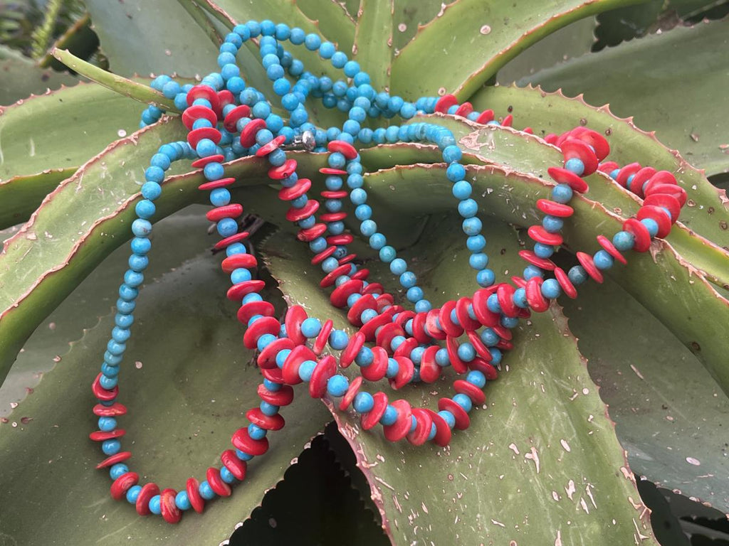Hand Made Red Bamboo Coral and Turquoise Necklace x 1 From Mexico