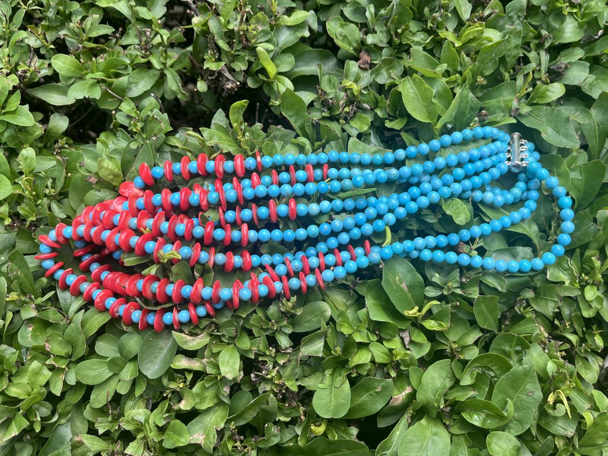 Hand Made Red Bamboo Coral and Turquoise Necklace x 1 From Mexico