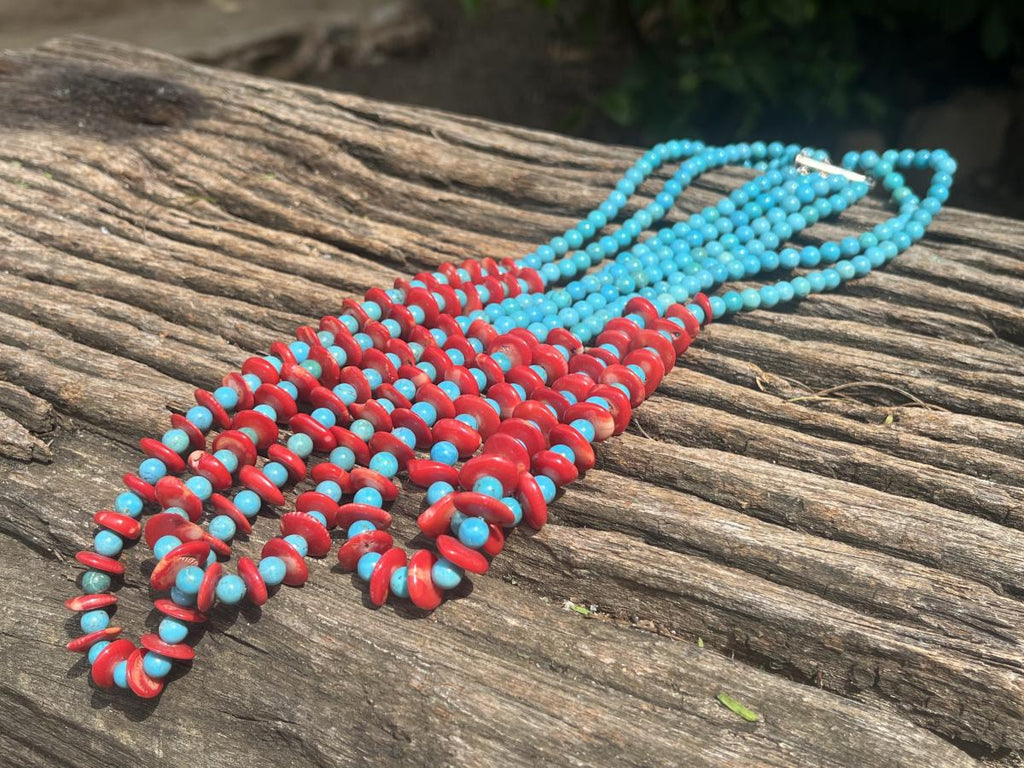 Hand Made Red Bamboo Coral and Turquoise Necklace x 1 From Mexico