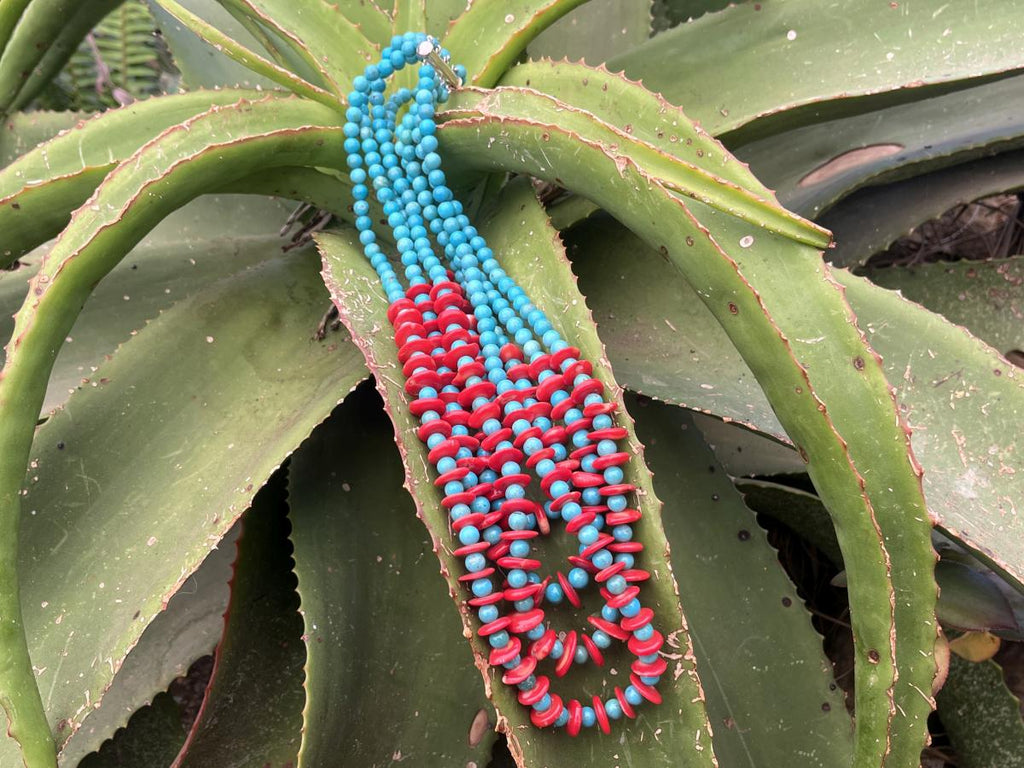 Hand Made Red Bamboo Coral and Turquoise Necklace x 1 From Mexico