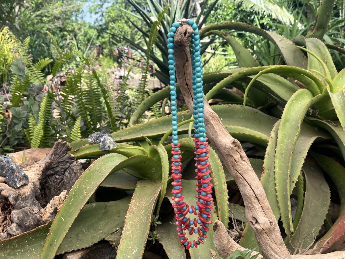 Hand Made Red Bamboo Coral and Turquoise Necklace x 1 From Mexico