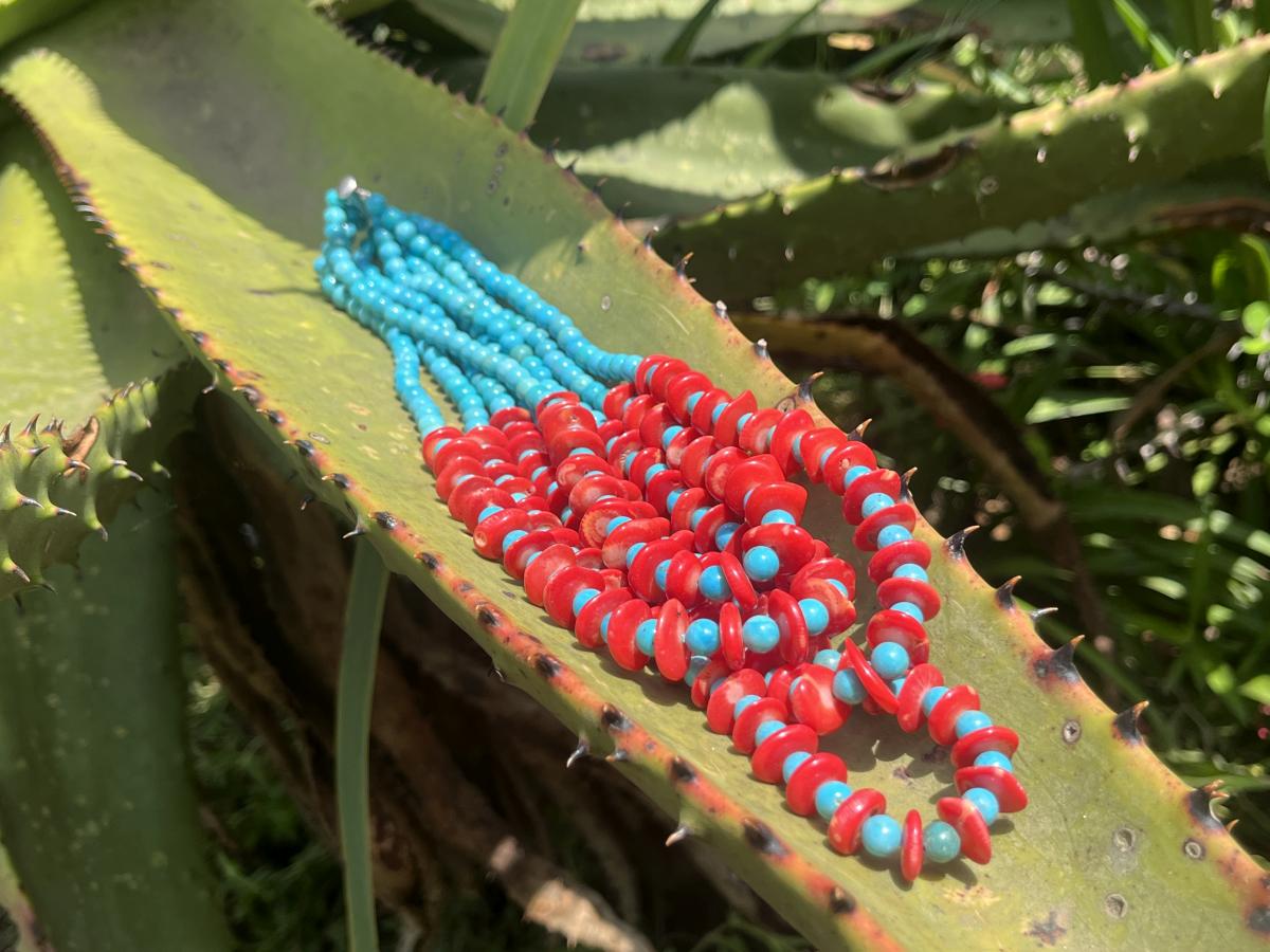 Hand Made Red Bamboo Coral and Turquoise Necklace x 1 From Mexico