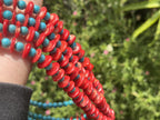 Hand Made Red Bamboo Coral and Turquoise Necklace x 1 From Mexico
