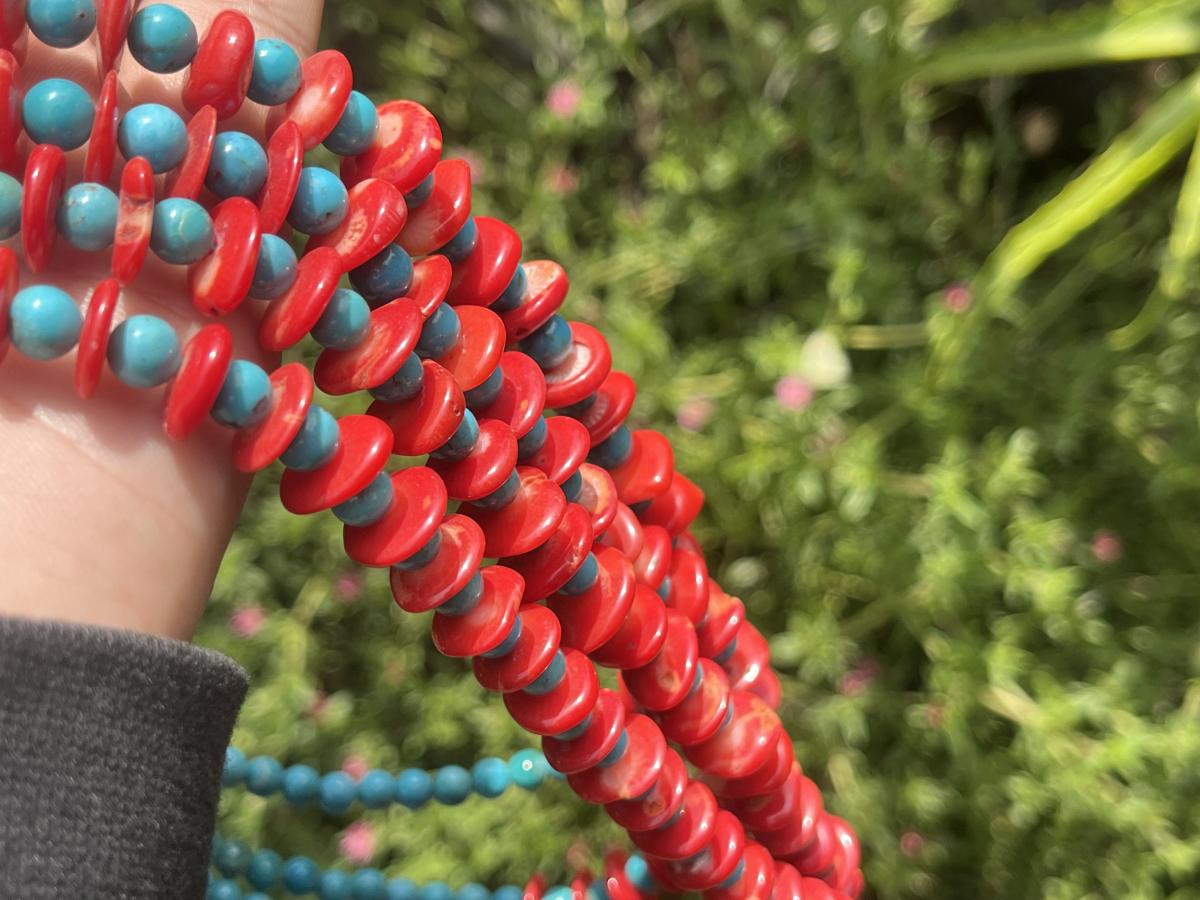 Hand Made Red Bamboo Coral and Turquoise Necklace x 1 From Mexico
