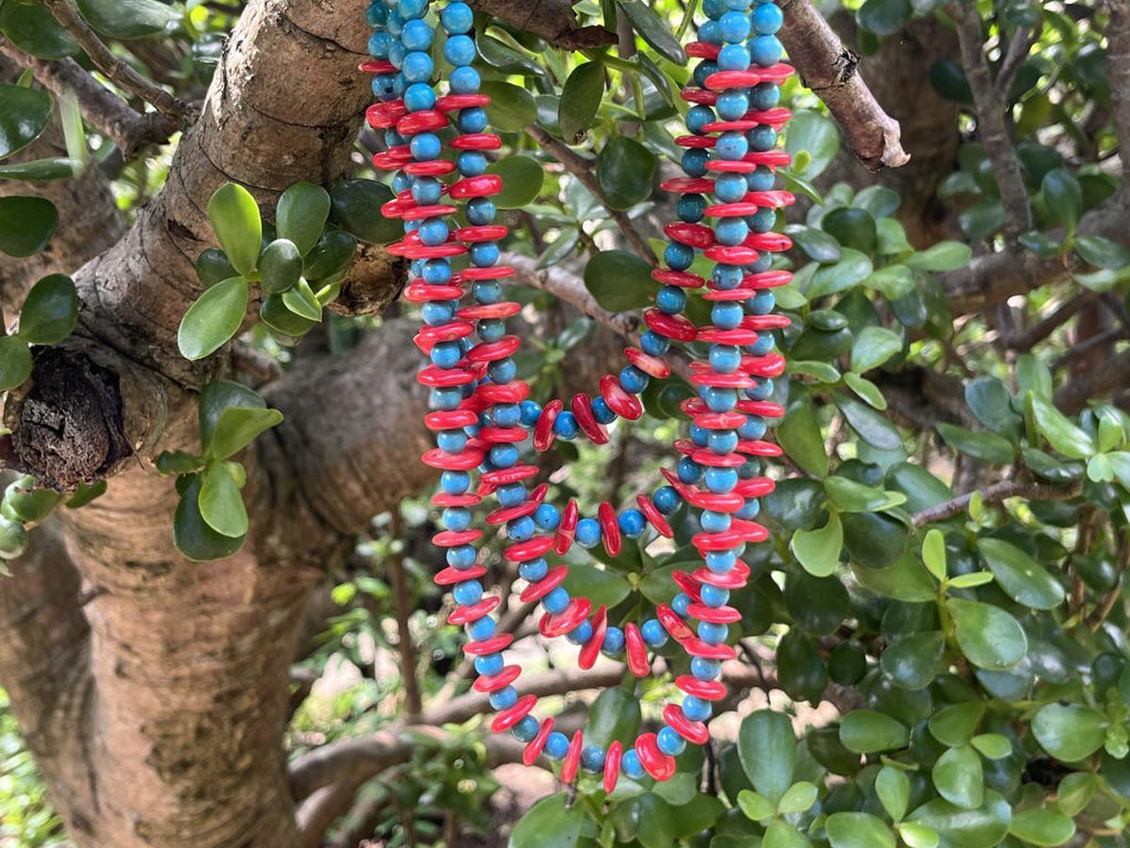 Hand Made Red Bamboo Coral and Turquoise Necklace x 1 From Mexico