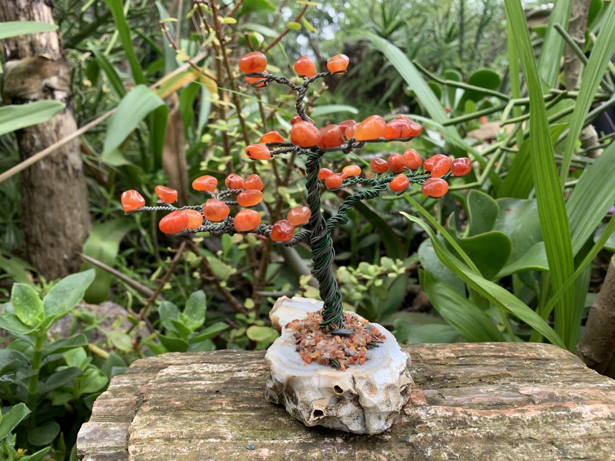 Hand Made Copper Wire Carnelian Gemstone Tree on an Agate Base x 1 From Botswana