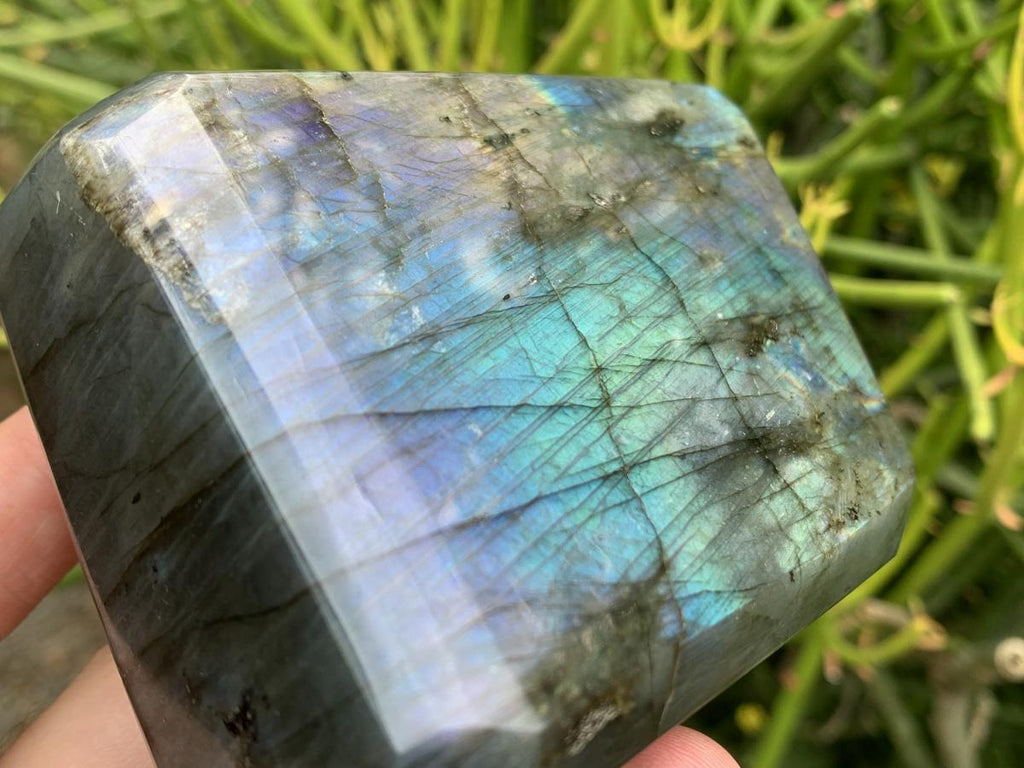 Polished Purple and Blue Flash Labradorite Faceted Standing Display Piece x 1 From Tulear, Madagascar