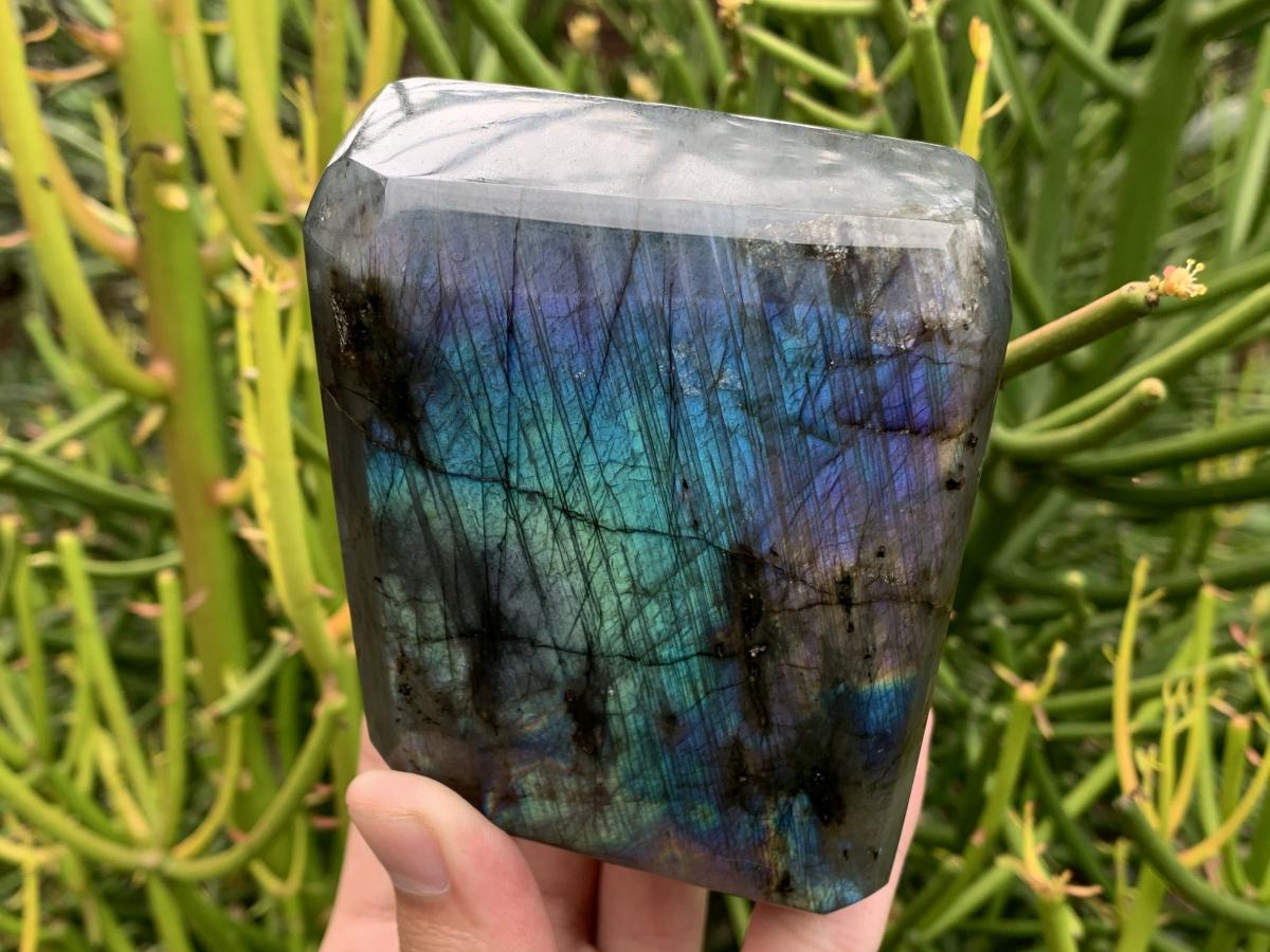 Polished Purple and Blue Flash Labradorite Faceted Standing Display Piece x 1 From Tulear, Madagascar
