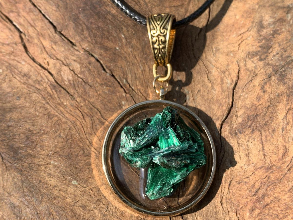 Hand Made Natural Silky Crystalline Malachite Fan Formation Pendant by Adre Designs x 1 From Kasompe, Congo