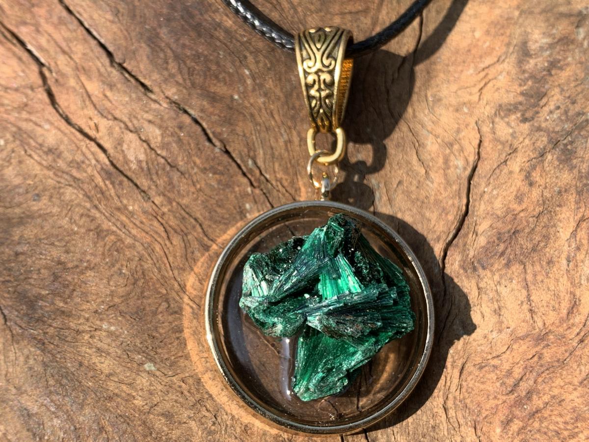 Hand Made Natural Silky Crystalline Malachite Fan Formation Pendant by Adre Designs x 1 From Kasompe, Congo