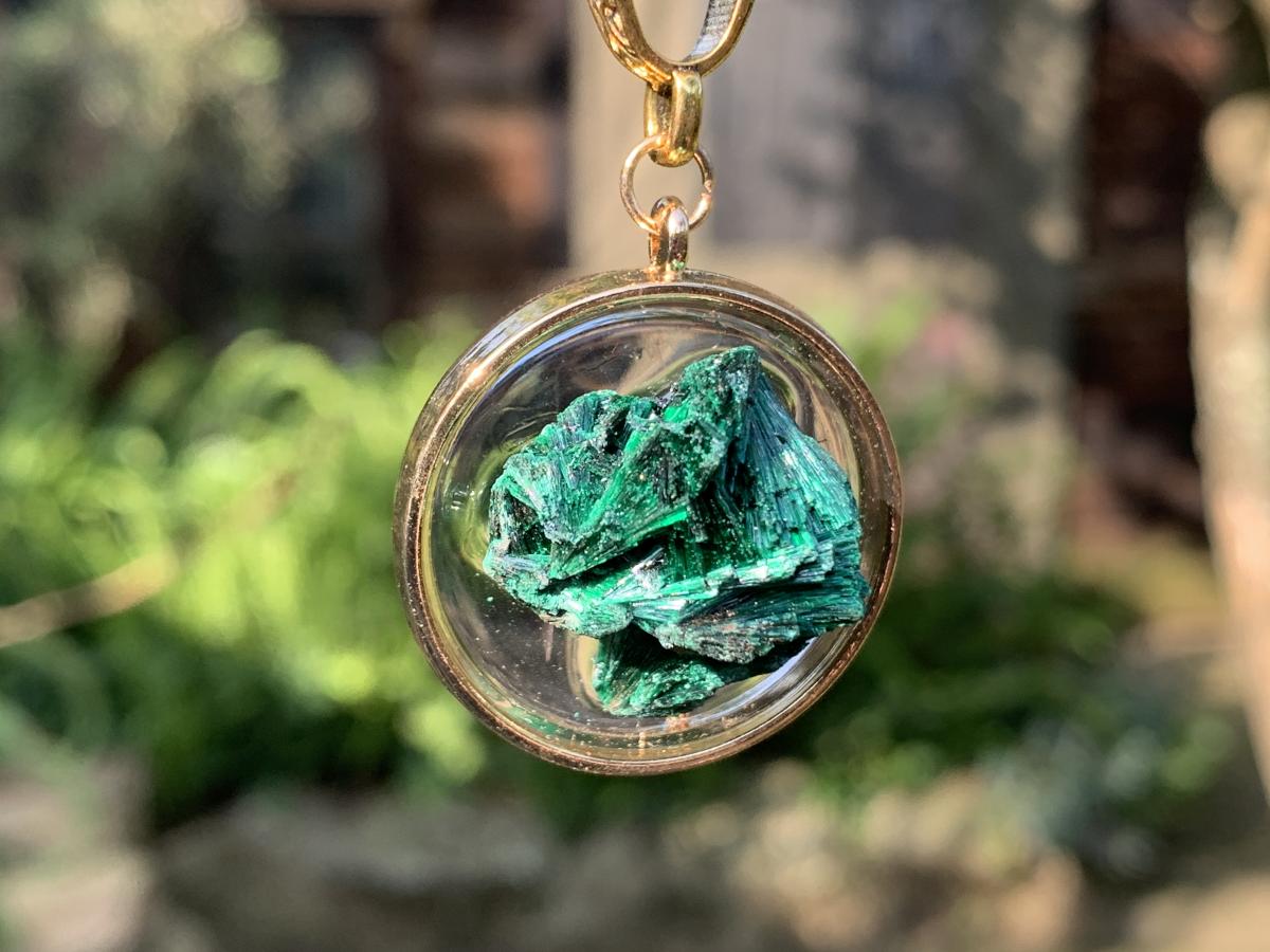 Hand Made Natural Silky Crystalline Malachite Fan Formation Pendant by Adre Designs x 1 From Kasompe, Congo