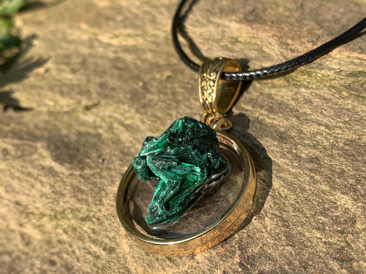 Hand Made Natural Silky Crystalline Malachite Fan Formation Pendant by Adre Designs x 1 From Kasompe, Congo