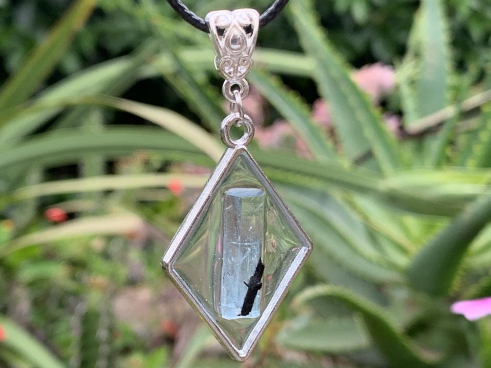 Hand Made Natural Aquamarine with Schorl Black Tourmaline Crystal Pendant by Adre Designs x 1 From Erongo, Namibia