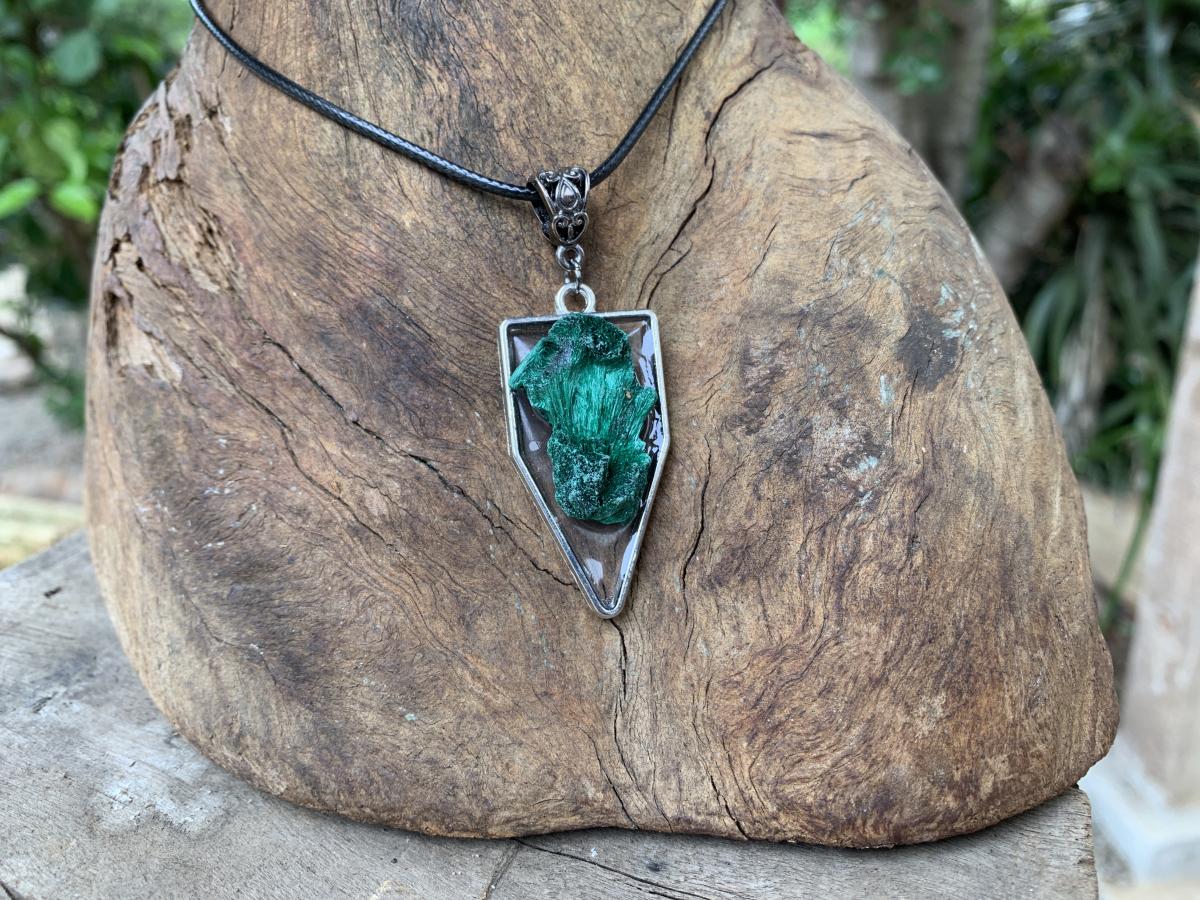 Hand Made Natural Fibrous Silky Malachite Crystal Pendant by Adre Designs x 1 From the Congo