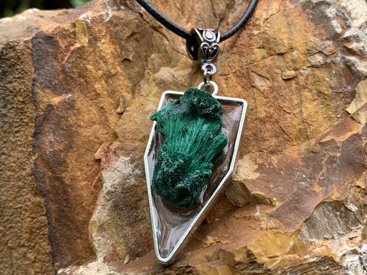 Hand Made Natural Fibrous Silky Malachite Crystal Pendant by Adre Designs x 1 From the Congo