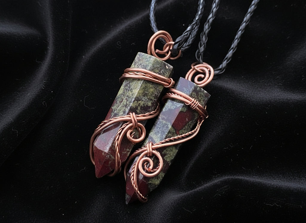 Hand Made Polished Dragonsblood Stone Copper Wire Art Pendants - Sold Per Item - From Tshipise, South Africa