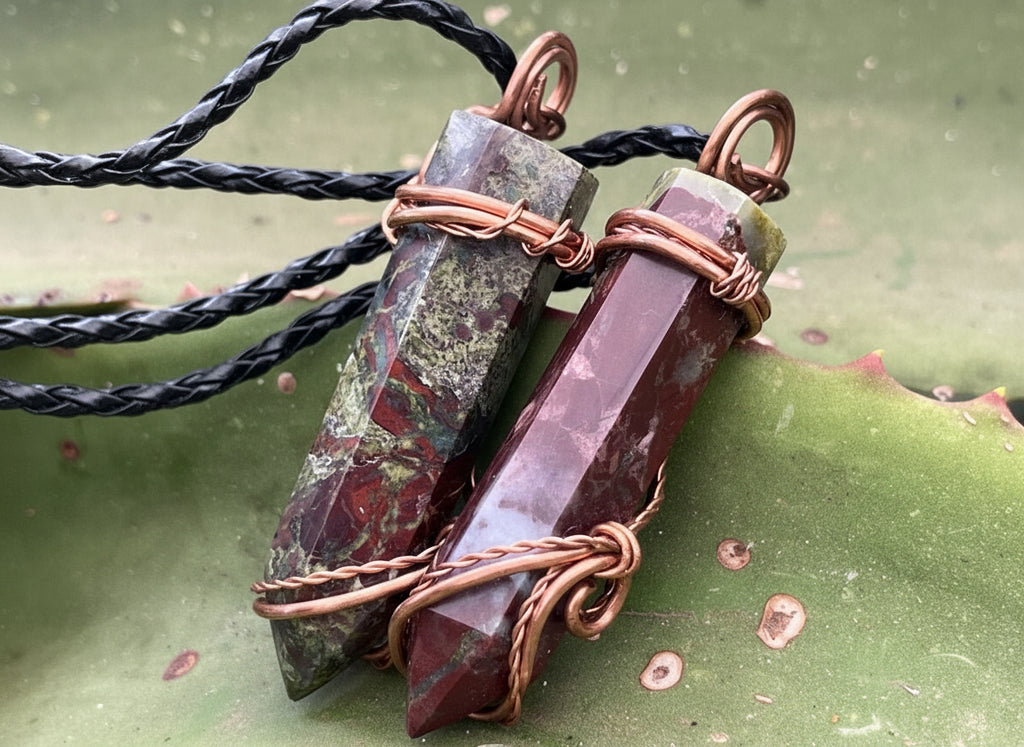 Hand Made Polished Dragonsblood Stone Copper Wire Art Pendants - Sold Per Item - From Tshipise, South Africa