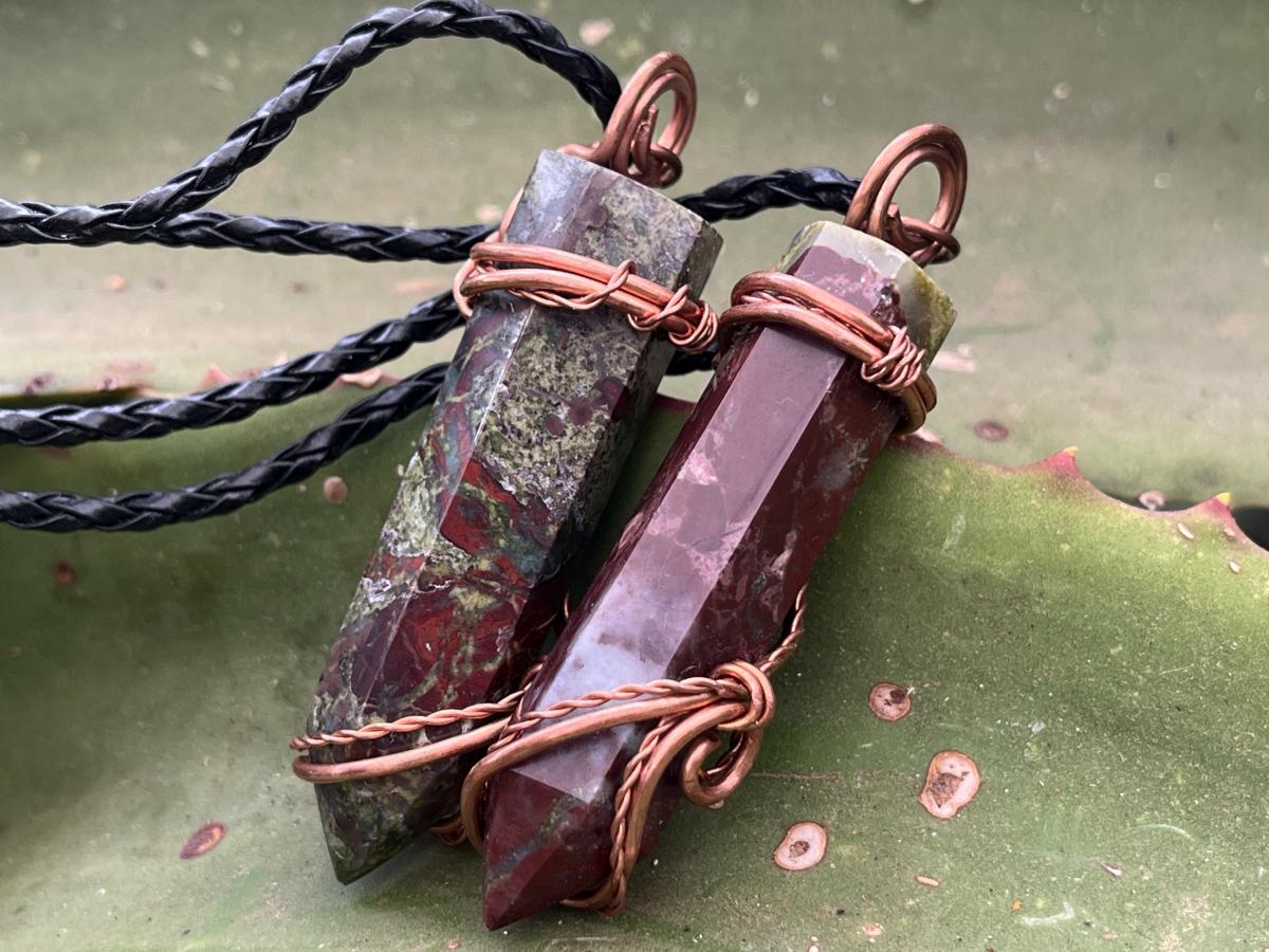 Hand Made Polished Dragonsblood Stone Copper Wire Art Pendants - Sold Per Item - From Tshipise, South Africa