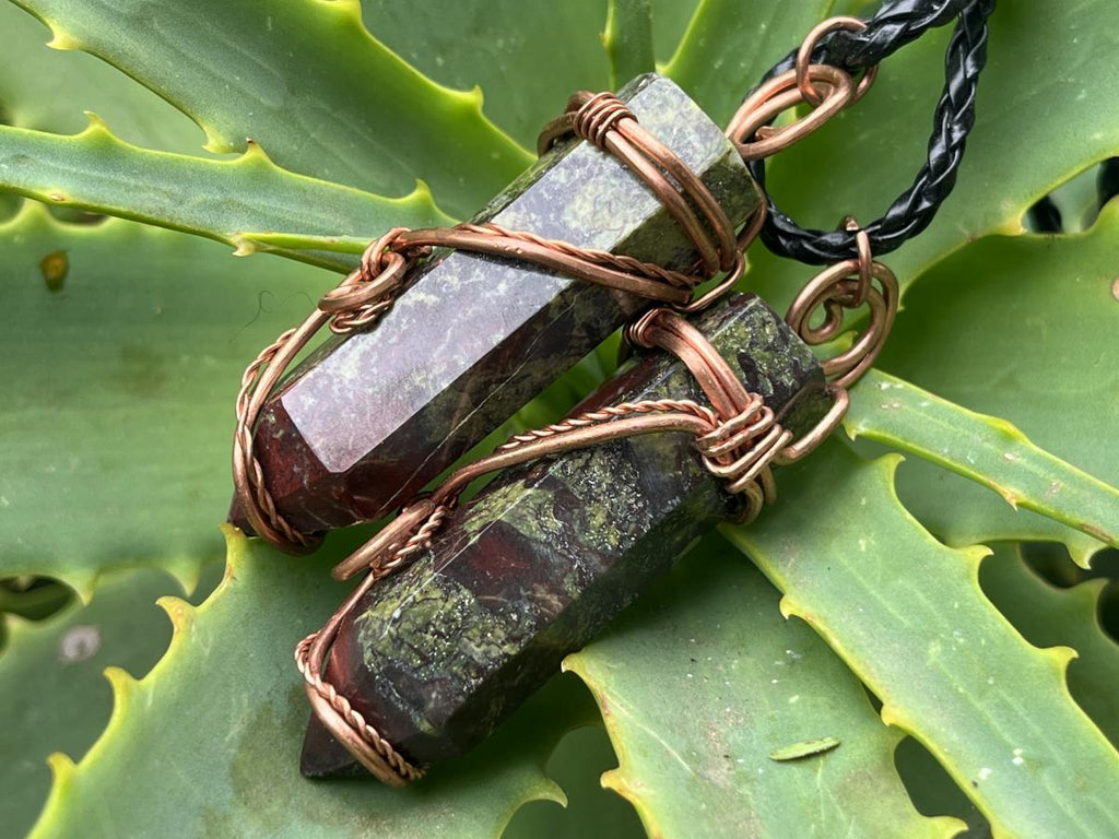 Hand Made Polished Dragonsblood Stone Copper Wire Art Pendants - Sold Per Item - From Tshipise, South Africa
