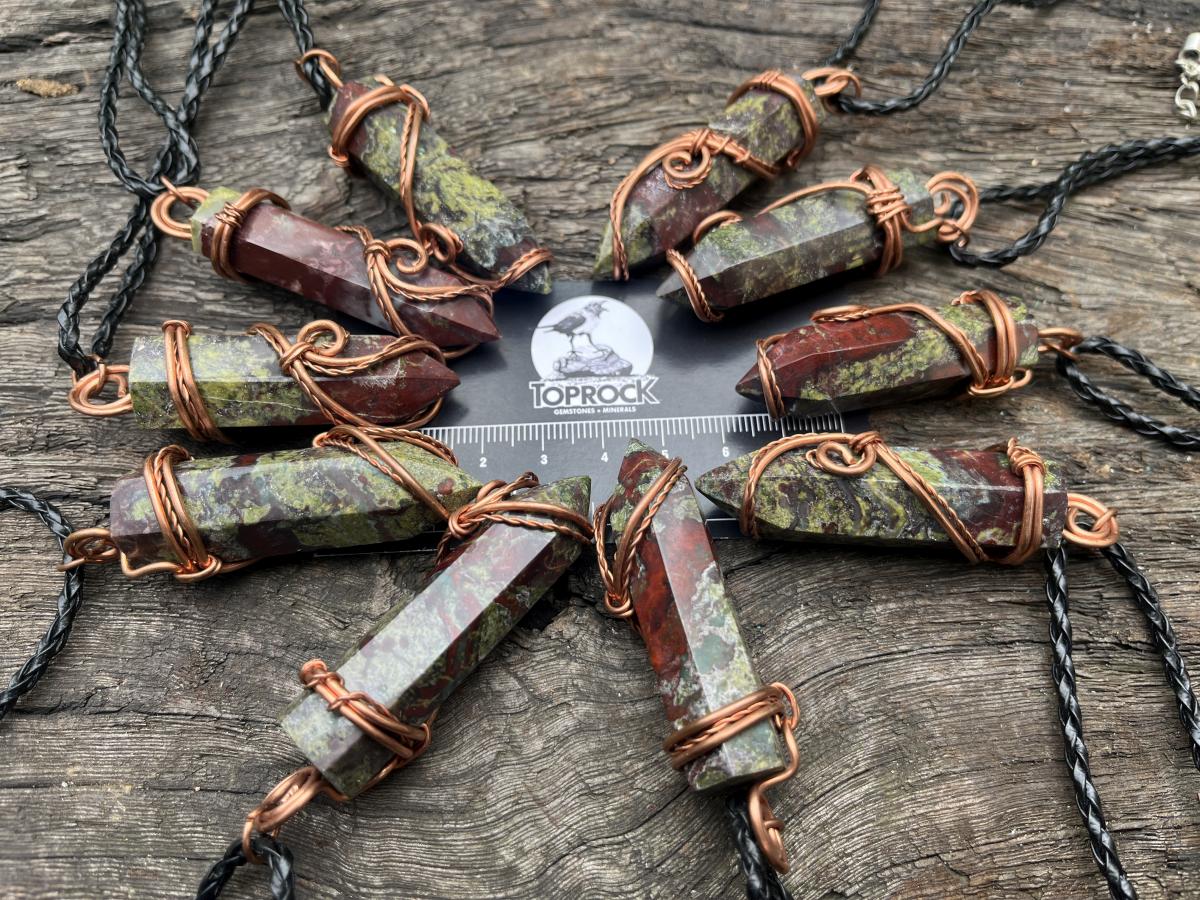 Hand Made Polished Dragonsblood Stone Copper Wire Art Pendants - Sold Per Item - From Tshipise, South Africa