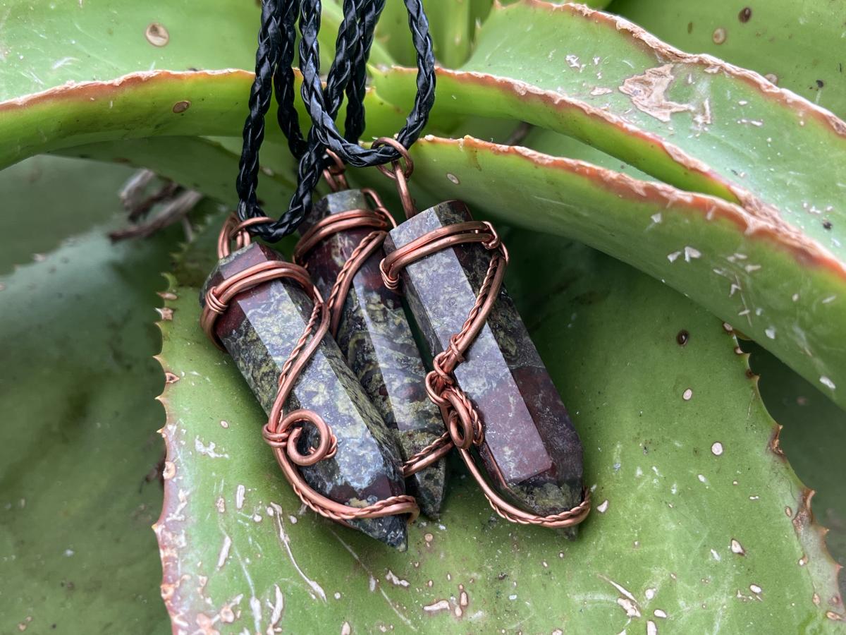 Hand Made Polished Dragonsblood Stone Copper Wire Art Pendants - Sold Per Item - From Tshipise, South Africa