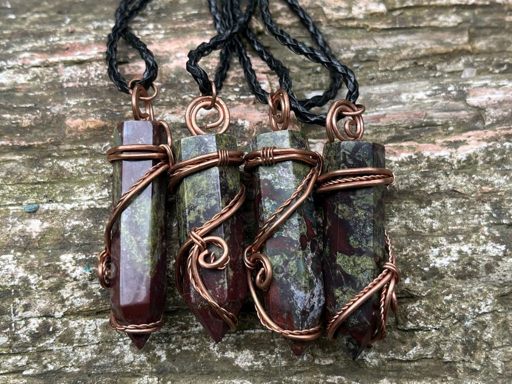 Hand Made Polished Dragonsblood Stone Copper Wire Art Pendants - Sold Per Item - From Tshipise, South Africa