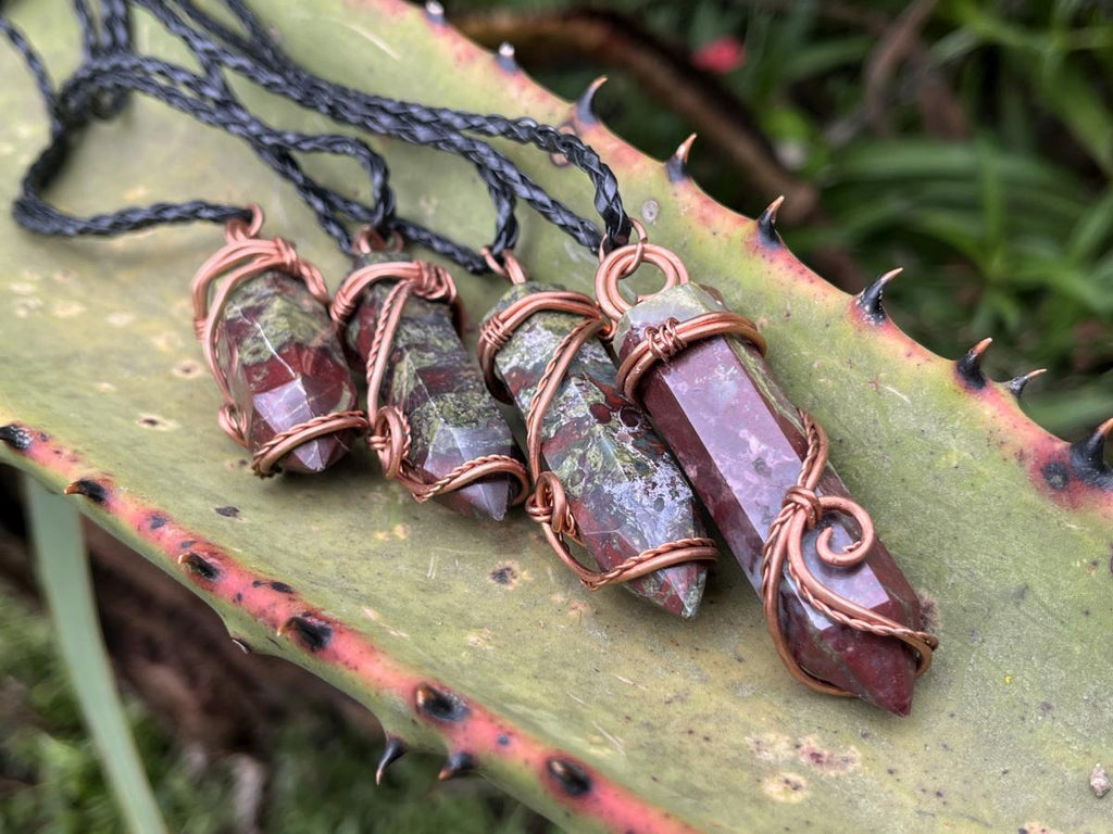 Hand Made Polished Dragonsblood Stone Copper Wire Art Pendants - Sold Per Item - From Tshipise, South Africa