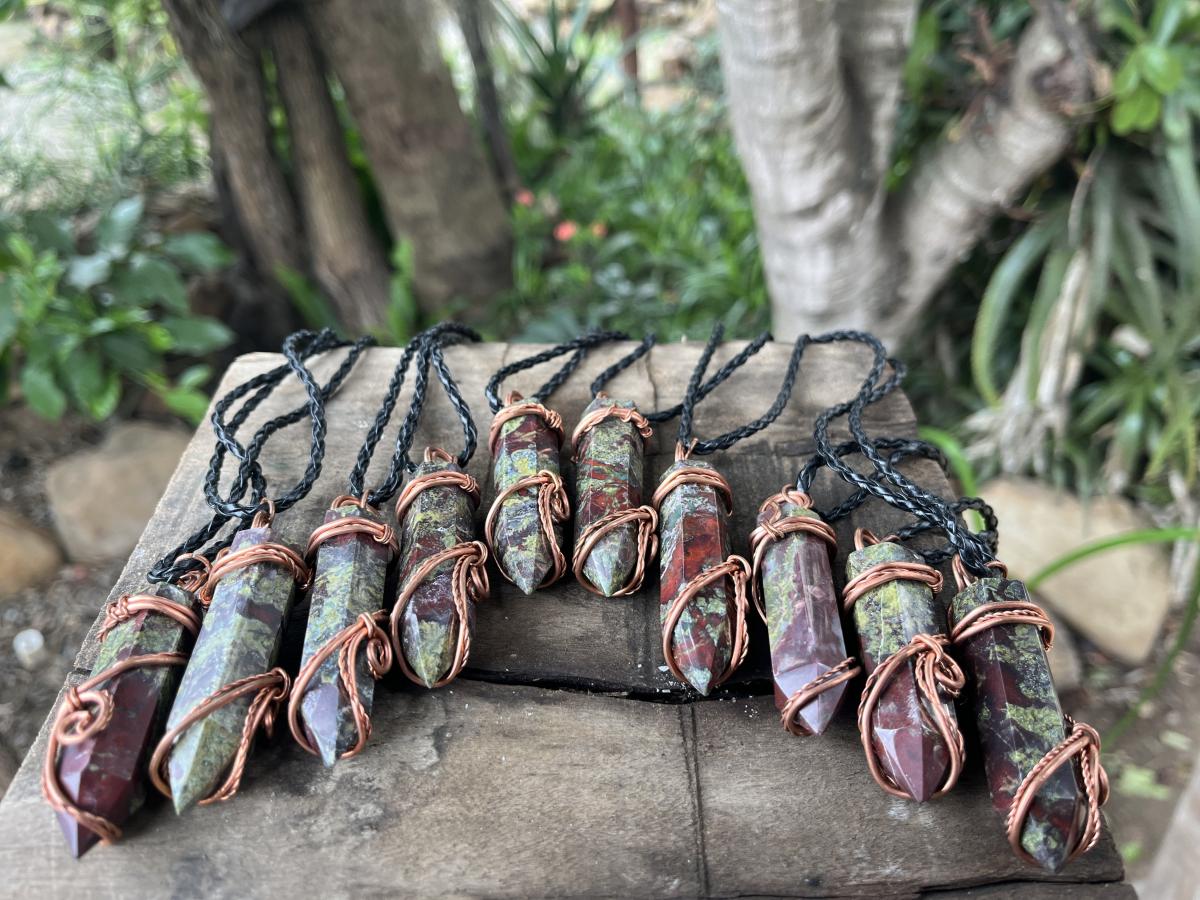 Hand Made Polished Dragonsblood Stone Copper Wire Art Pendants - Sold Per Item - From Tshipise, South Africa