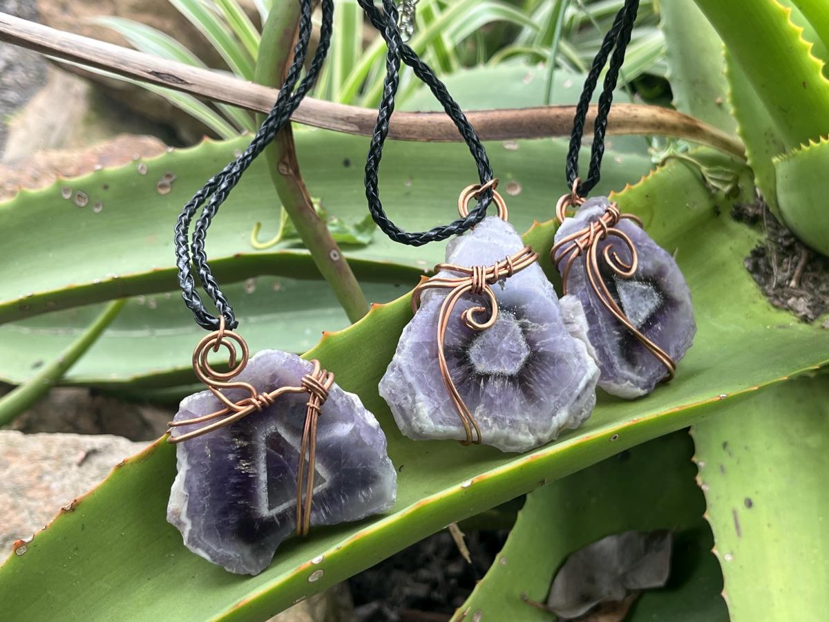 Hand Made Polished Sunburst Amethyst Slice Copper Wire Art Pendants - Sold Per Item - From Zambia