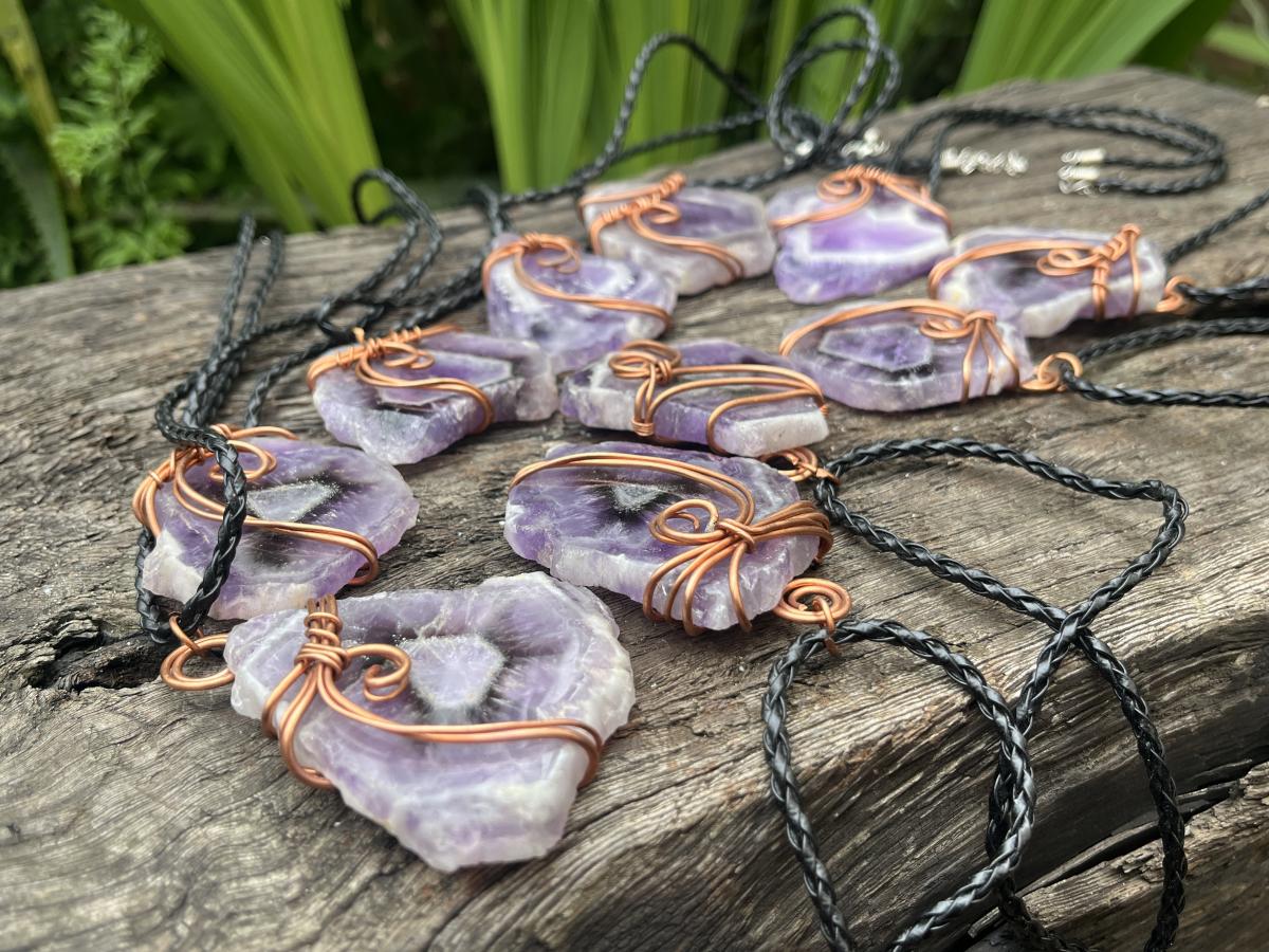 Hand Made Polished Sunburst Amethyst Slice Copper Wire Art Pendants - Sold Per Item - From Zambia