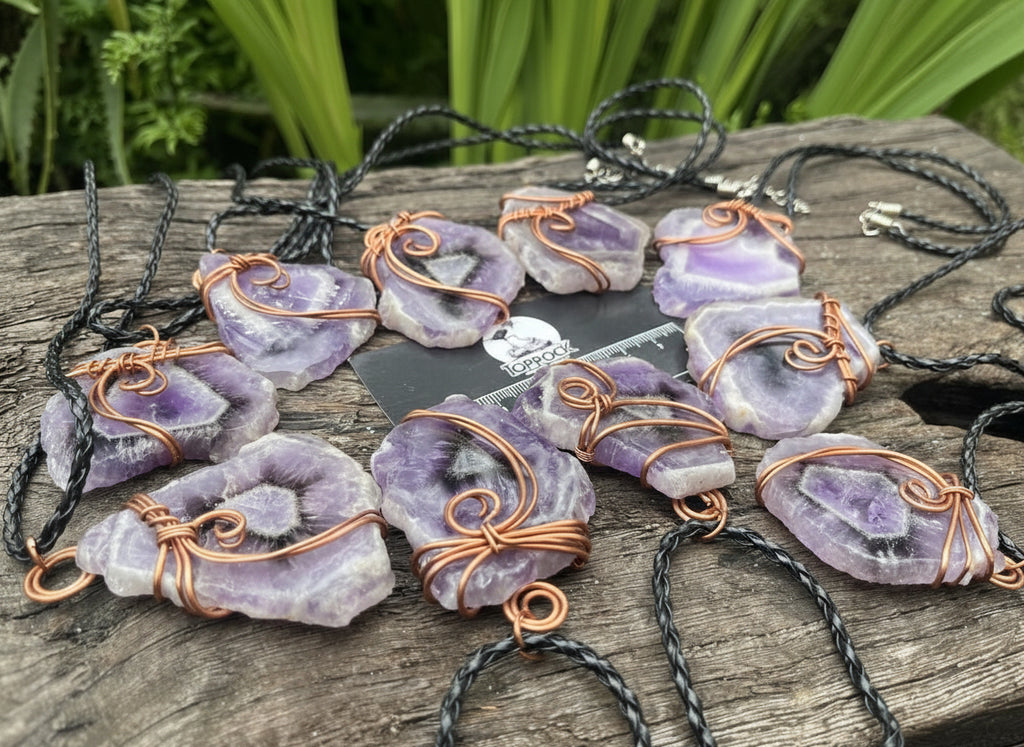 Hand Made Polished Sunburst Amethyst Slice Copper Wire Art Pendants - Sold Per Item - From Zambia