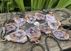 Hand Made Polished Sunburst Amethyst Slice Copper Wire Art Pendants - Sold Per Item - From Zambia