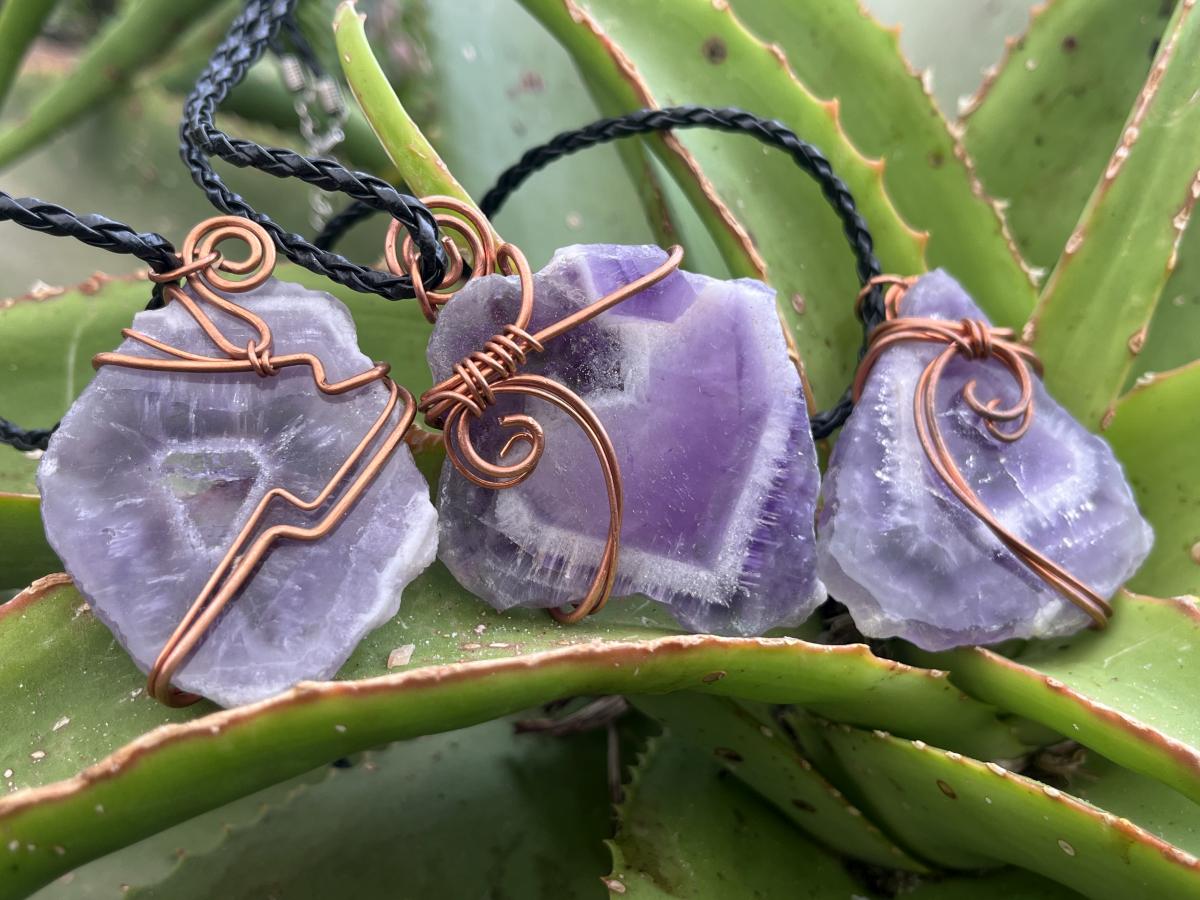 Hand Made Polished Sunburst Amethyst Slice Copper Wire Art Pendants - Sold Per Item - From Zambia