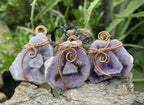 Hand Made Polished Sunburst Amethyst Slice Copper Wire Art Pendants - Sold Per Item - From Zambia