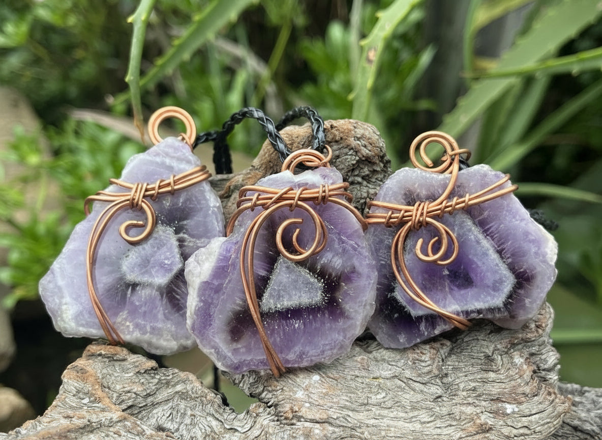 Hand Made Polished Sunburst Amethyst Slice Copper Wire Art Pendants - Sold Per Item - From Zambia