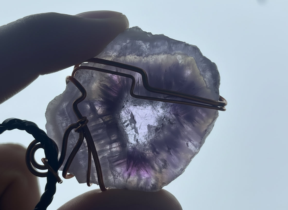 Hand Made Polished Sunburst Amethyst Slice Copper Wire Art Pendants - Sold Per Item - From Zambia