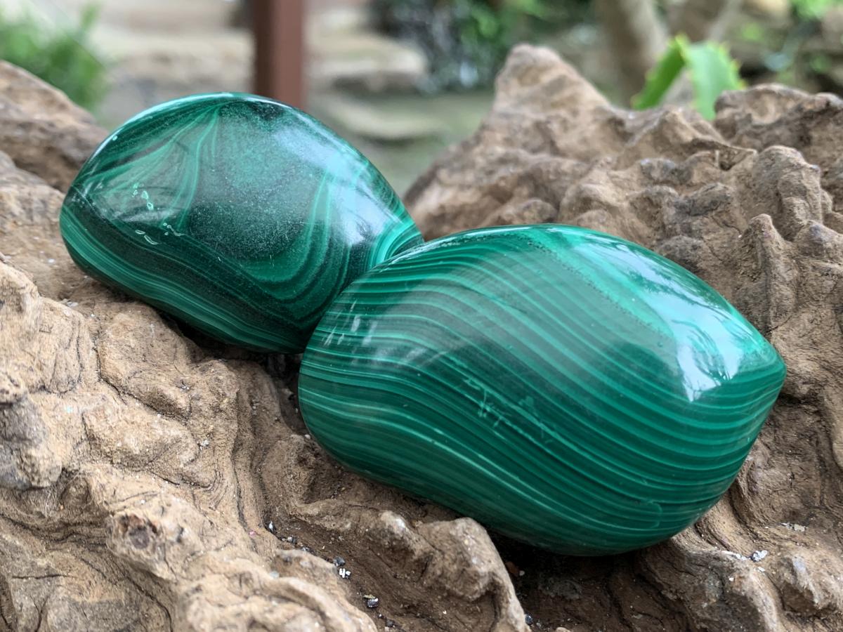 Polished Pair of Beautifully Patterned Malachite Free Forms x 1 From the Congo