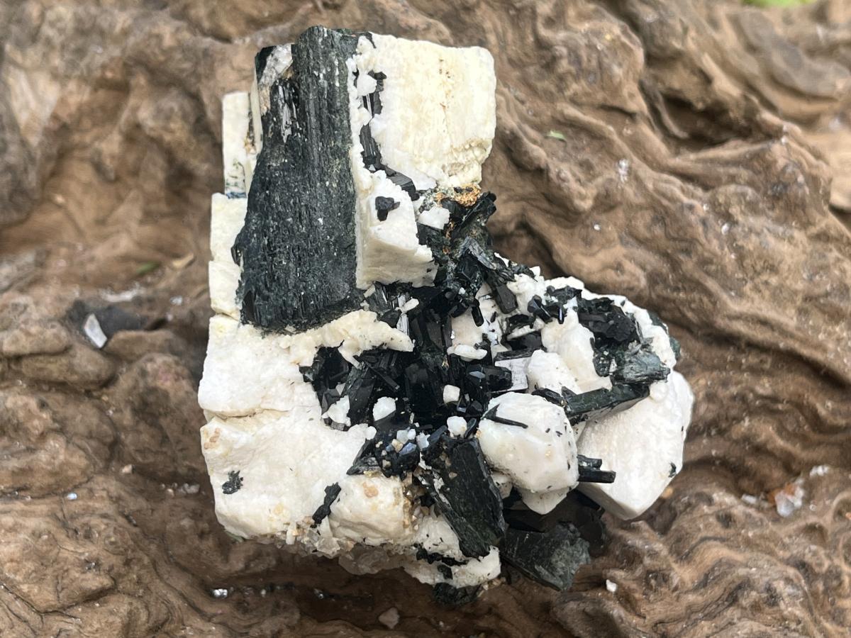 Natural Black Aegirine Crystals in White Orthoclase x 1 From Zomba Malosa, Malawi