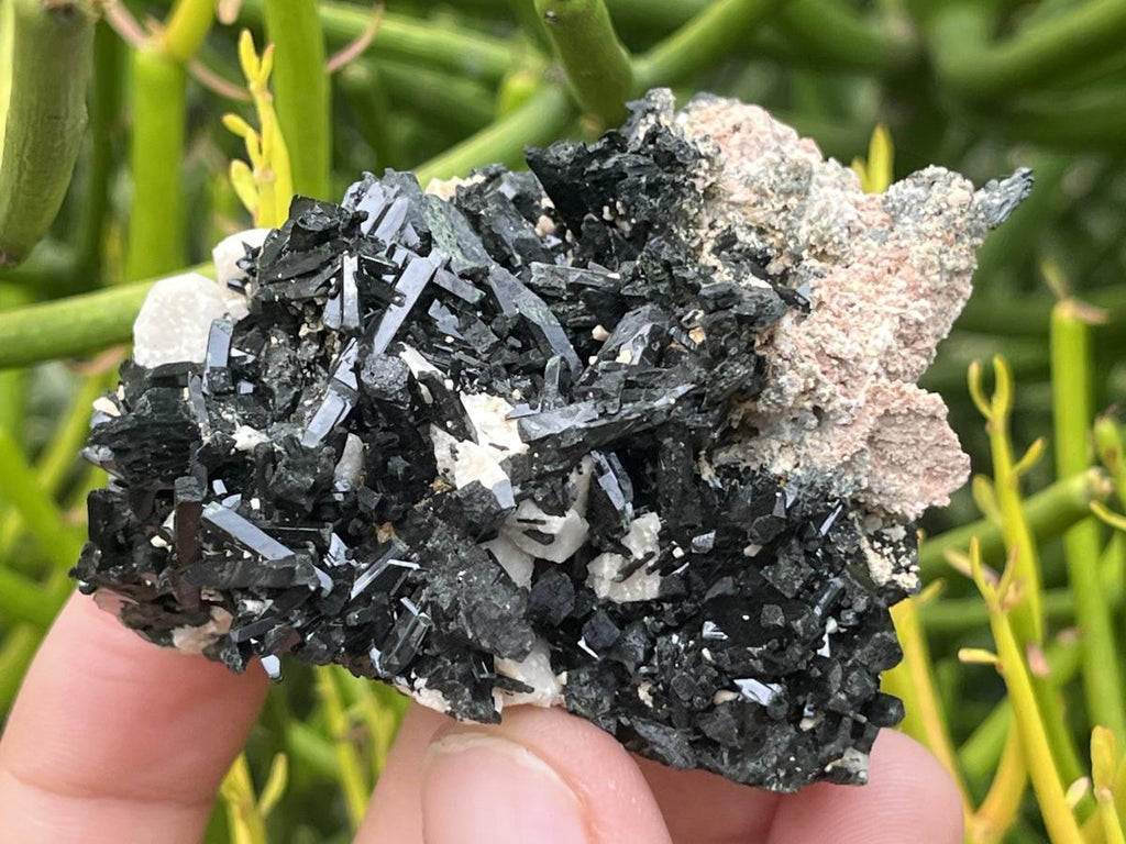 Natural Aegirine Crystals on White Orthoclase with Zircon and Arfvedsonite Crystals x 1 From Zomba, Malawi