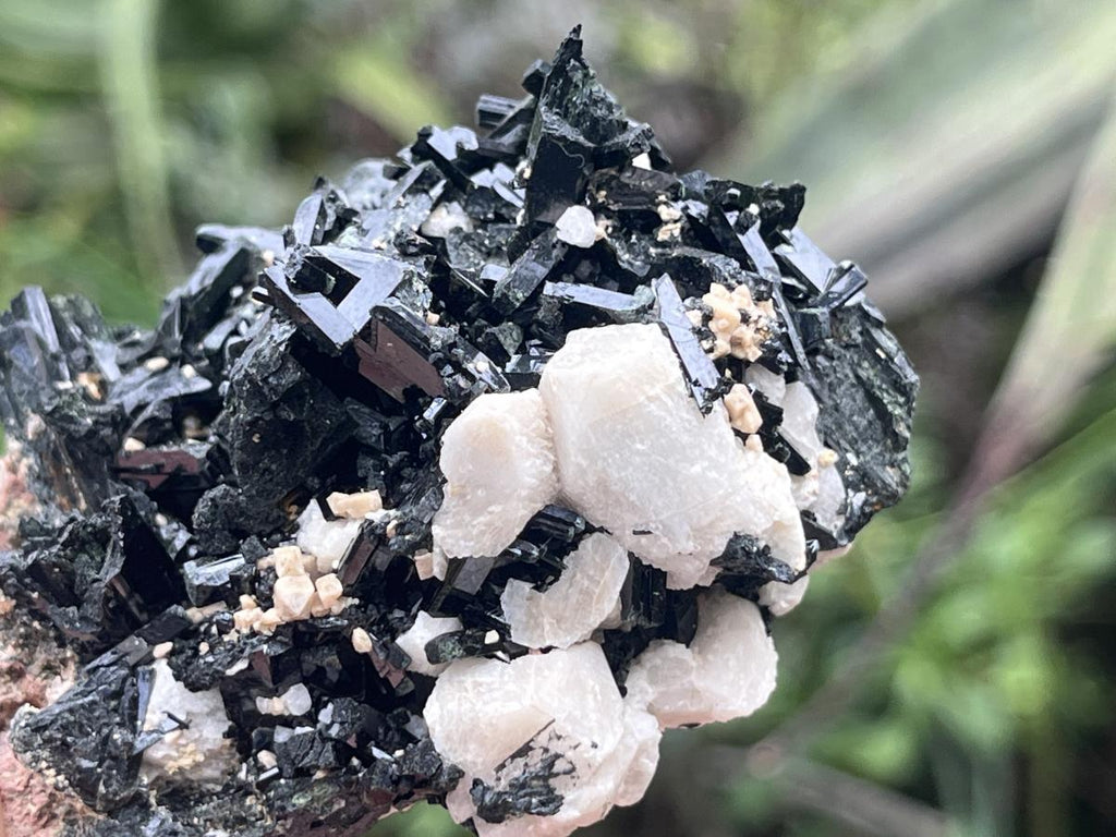 Natural Aegirine Crystals on White Orthoclase with Zircon and Arfvedsonite Crystals x 1 From Zomba, Malawi