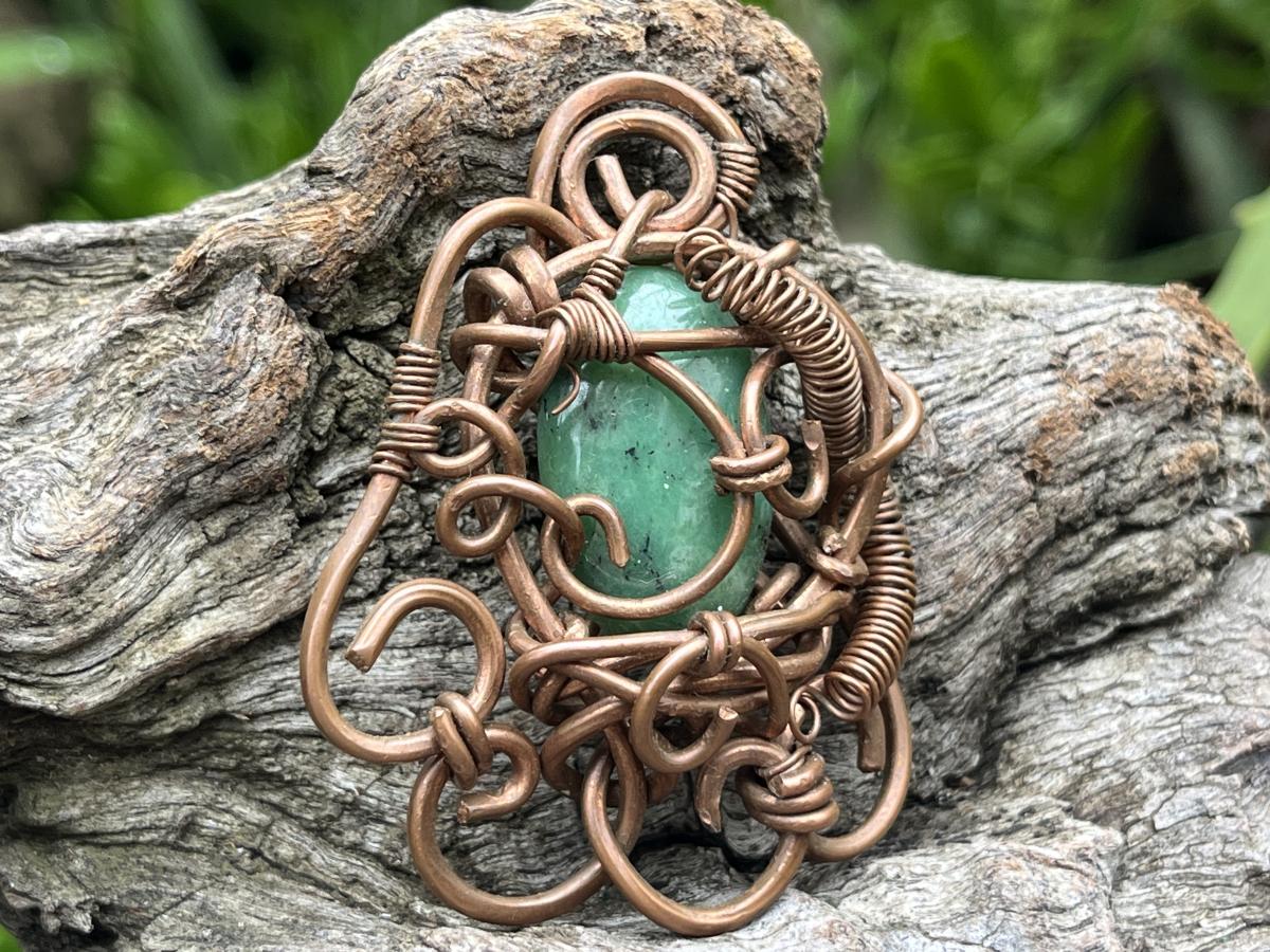 Hand Made Steampunk Jade Copper Wire Art Pendant x 1 From Rustenburg, South Africa