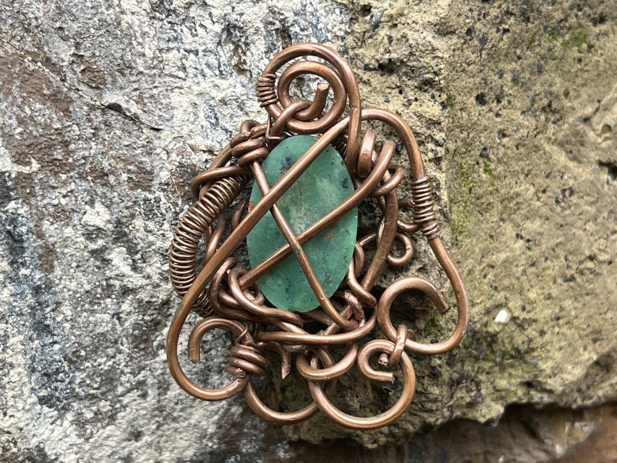 Hand Made Steampunk Jade Copper Wire Art Pendant x 1 From Rustenburg, South Africa
