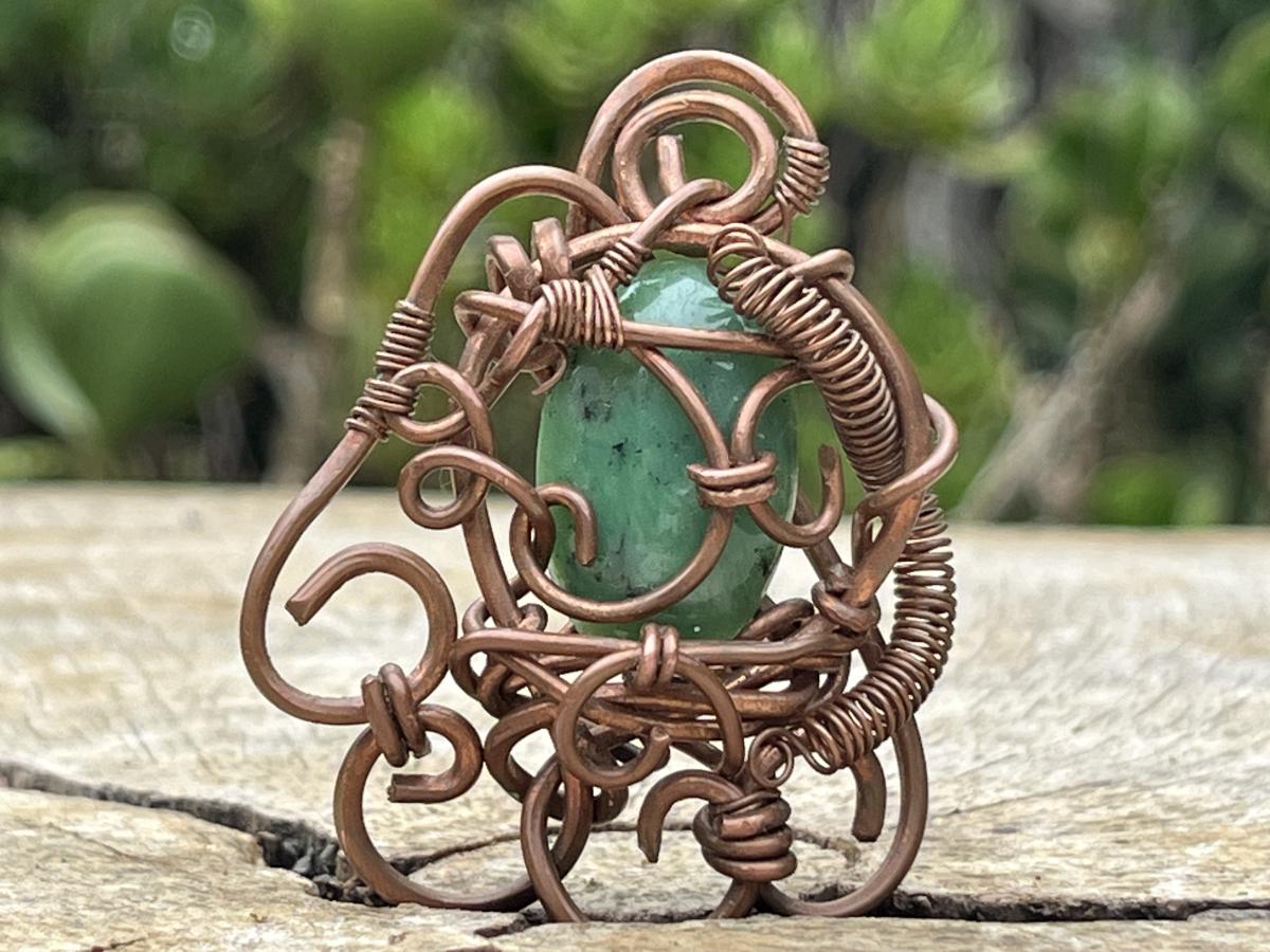 Hand Made Steampunk Jade Copper Wire Art Pendant x 1 From Rustenburg, South Africa