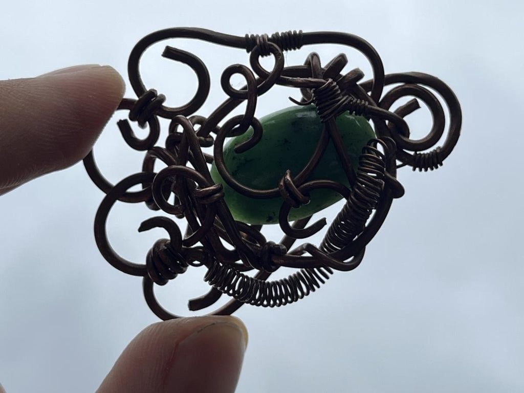 Hand Made Steampunk Jade Copper Wire Art Pendant x 1 From Rustenburg, South Africa