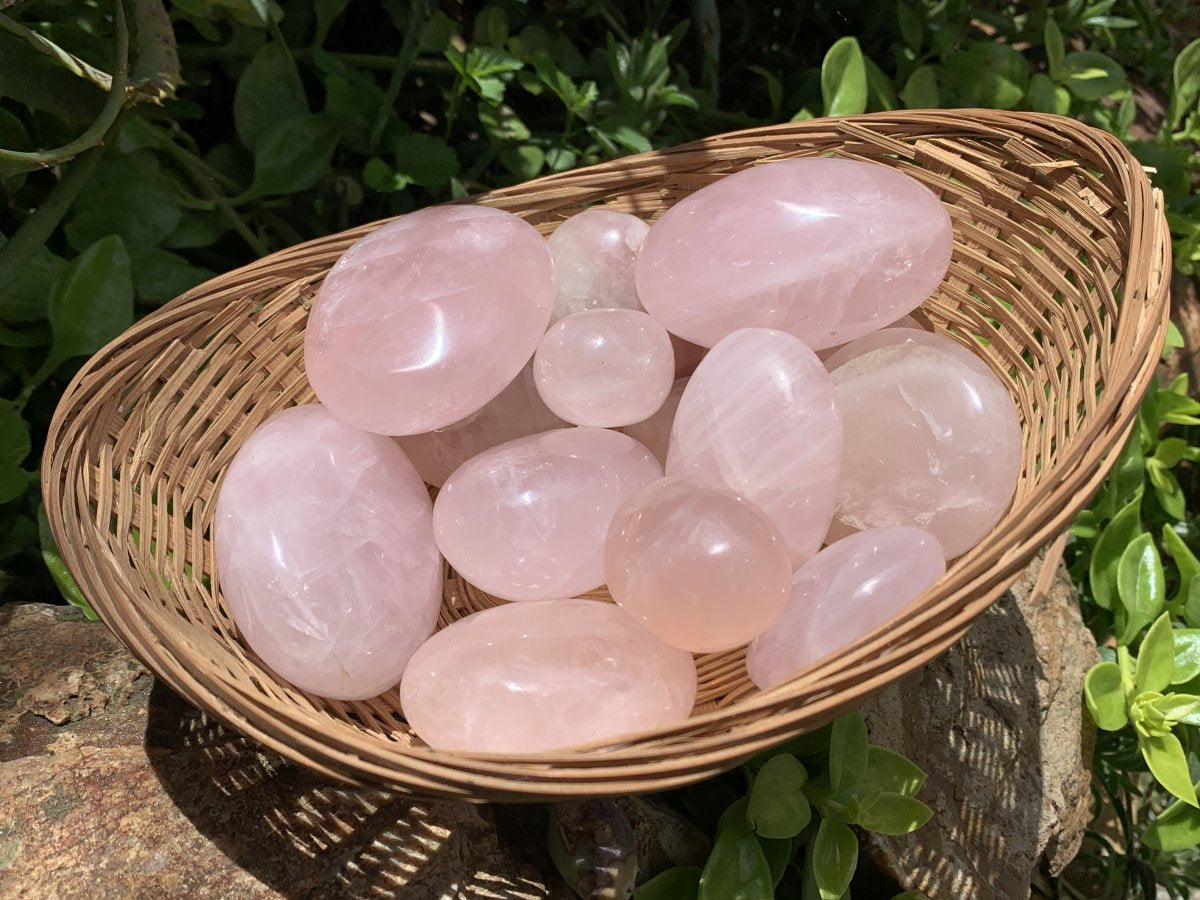 Polished Rose Quartz Palm Stone Basket Bouquet x 1 From Ambatondrazaka, Madagascar