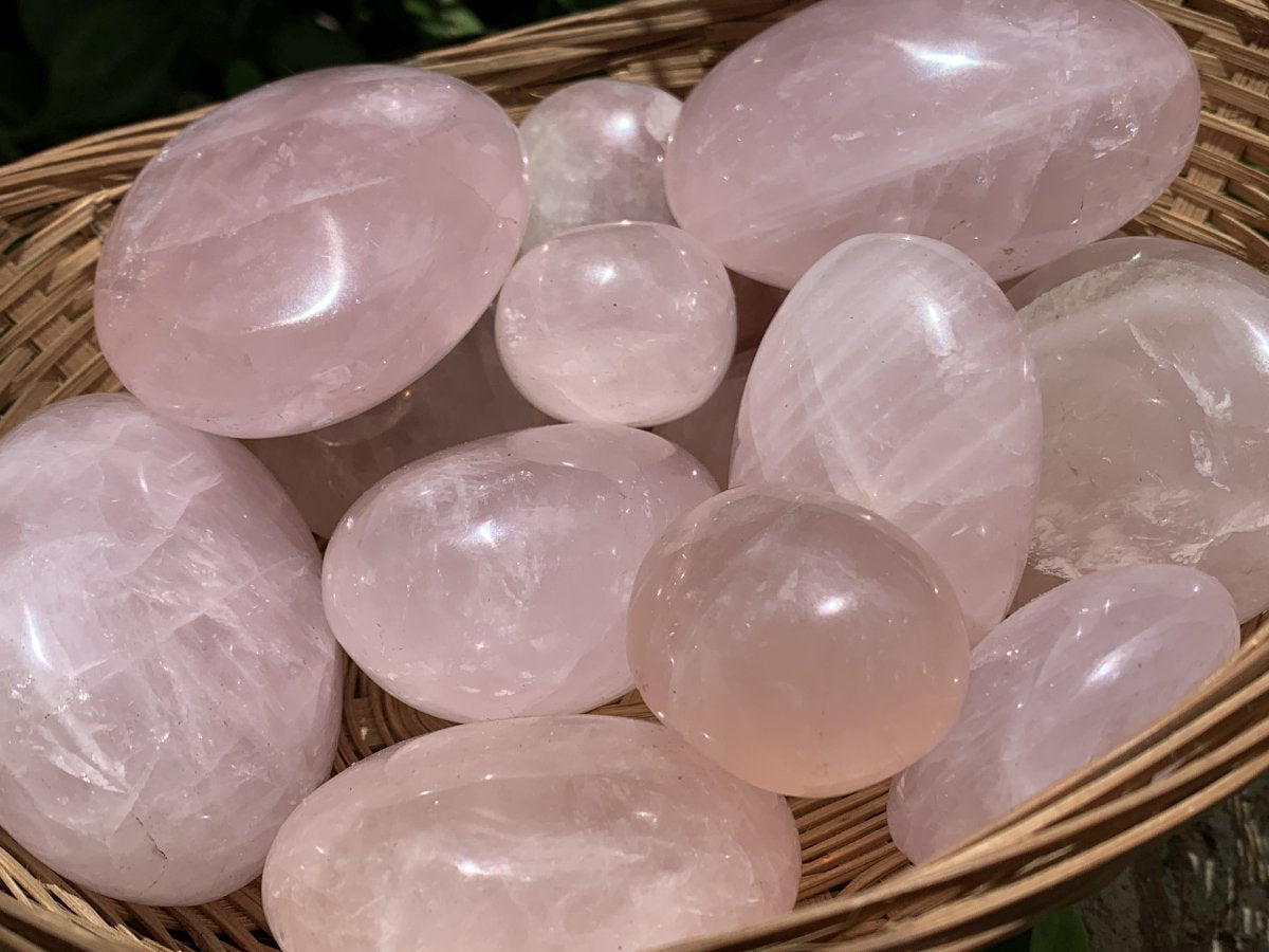 Polished Rose Quartz Palm Stone Basket Bouquet x 1 From Ambatondrazaka, Madagascar