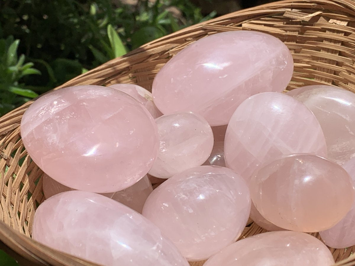 Polished Rose Quartz Palm Stone Basket Bouquet x 1 From Ambatondrazaka, Madagascar