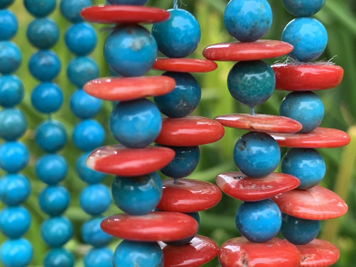 Hand Made Rare Turquoise and Red Coral Four-Tier Necklace x 1 From Mexico