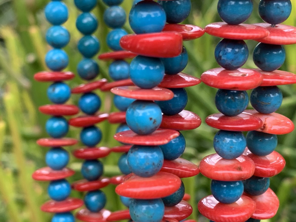 Hand Made Rare Turquoise and Red Coral Four-Tier Necklace x 1 From Mexico