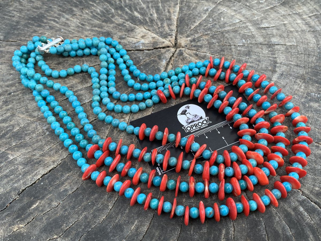 Hand Made Rare Turquoise and Red Coral Four-Tier Necklace x 1 From Mexico